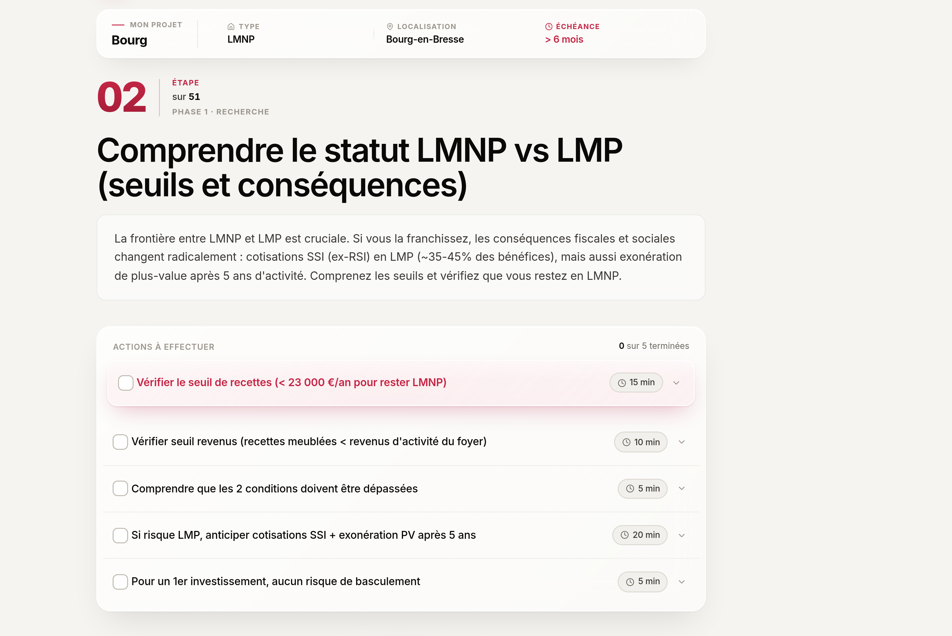 Une étape du parcours projet dans Hymo : numéro d’étape, phase, ce qu’elle sert à comprendre et les actions à cocher avec leur durée